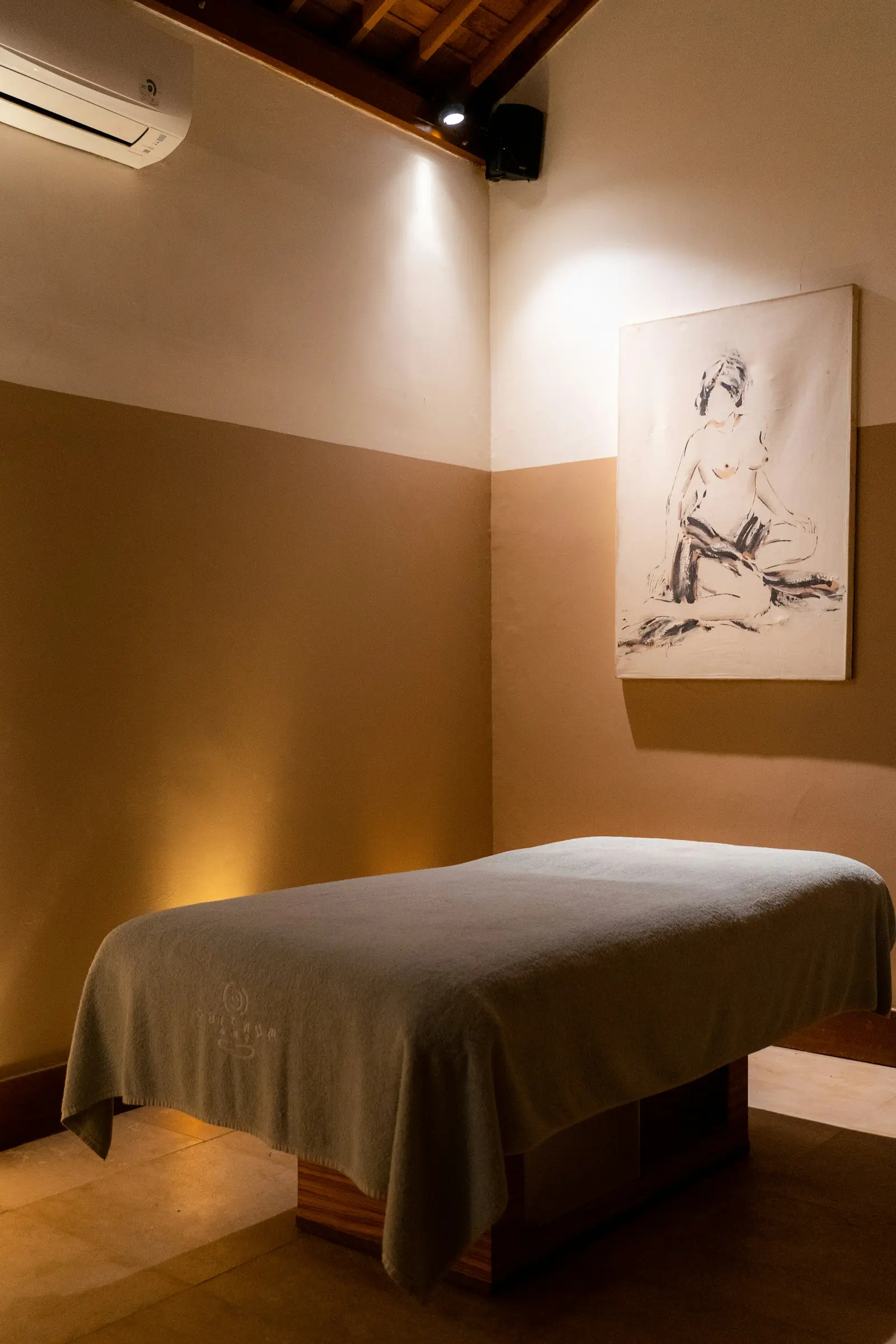 A quiet spa room with a massage bed